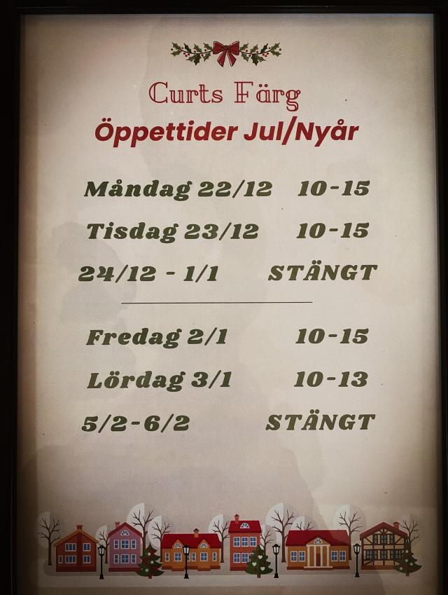 Ändrade öppettider över jul och nyår!
⬆️
.
#curtsfärg #nybrosäldstafärghandel #nybro #handlalokalt #färg #tapet #inredning